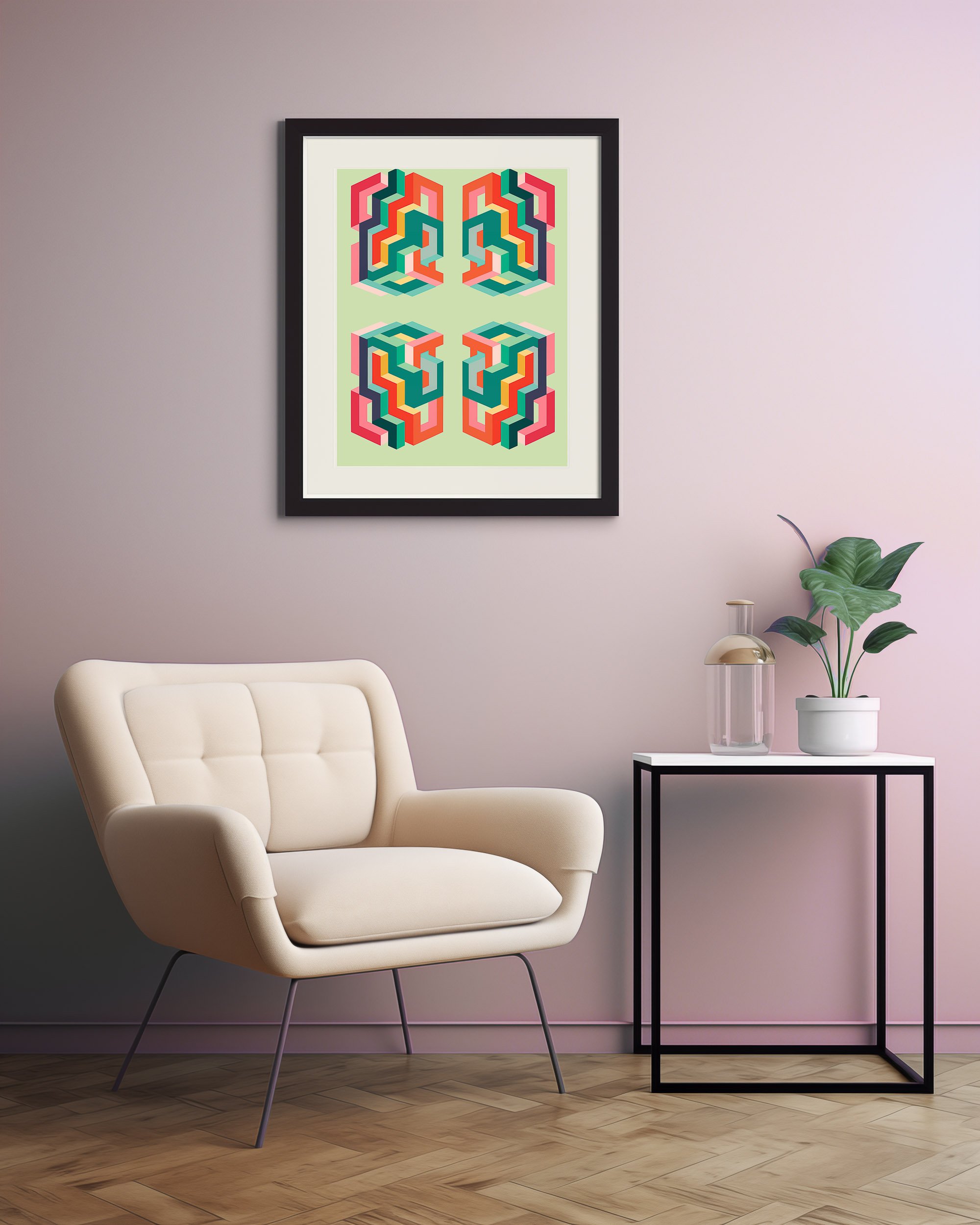 quadrant-print-op-art-symmetrical-abstract-design-green-background-framed-wall-art-with-chair-and-table.jpg