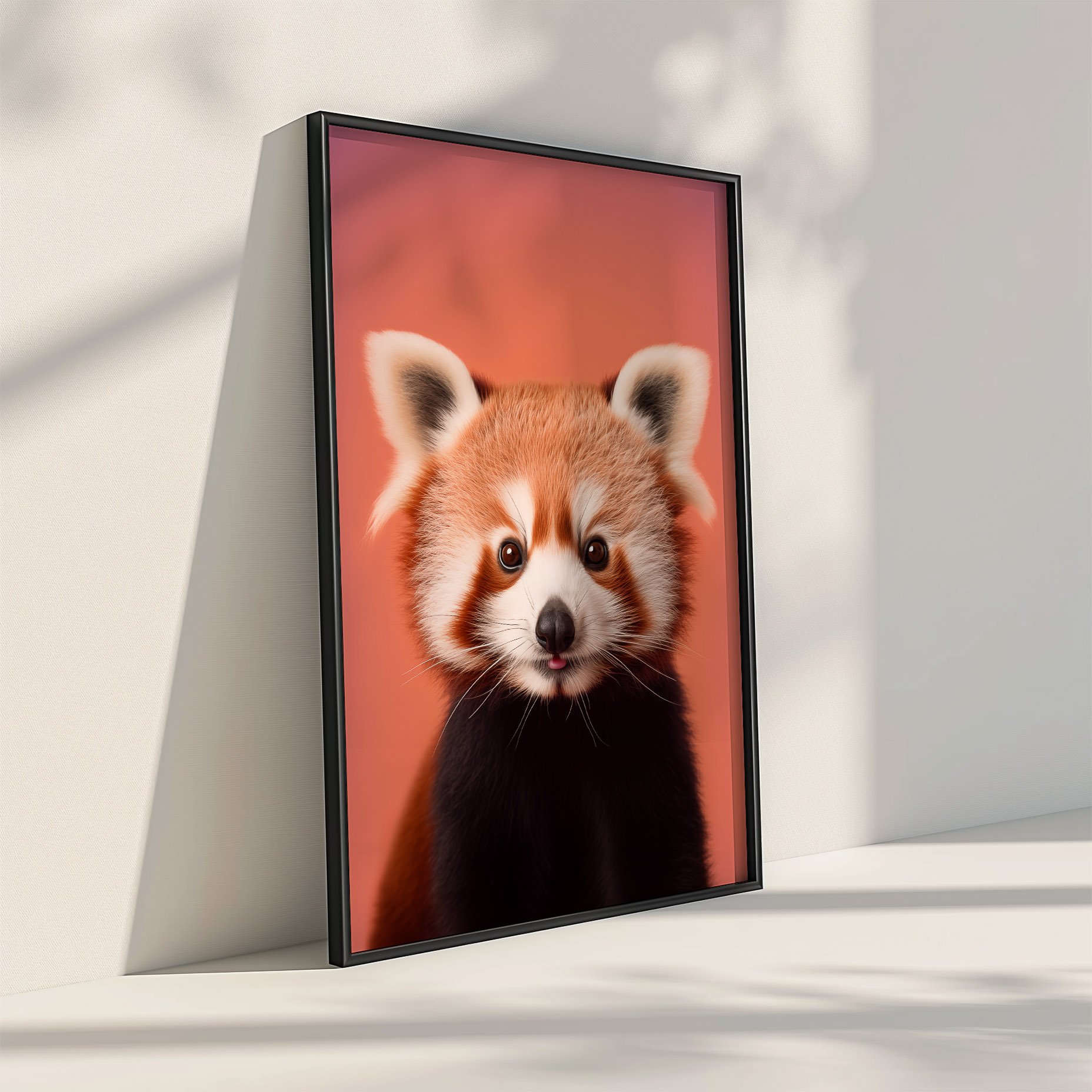 red-panda-looking-straight-out-of-the-print-frame-leaning-against-the-wall-dappled-shadow.jpg