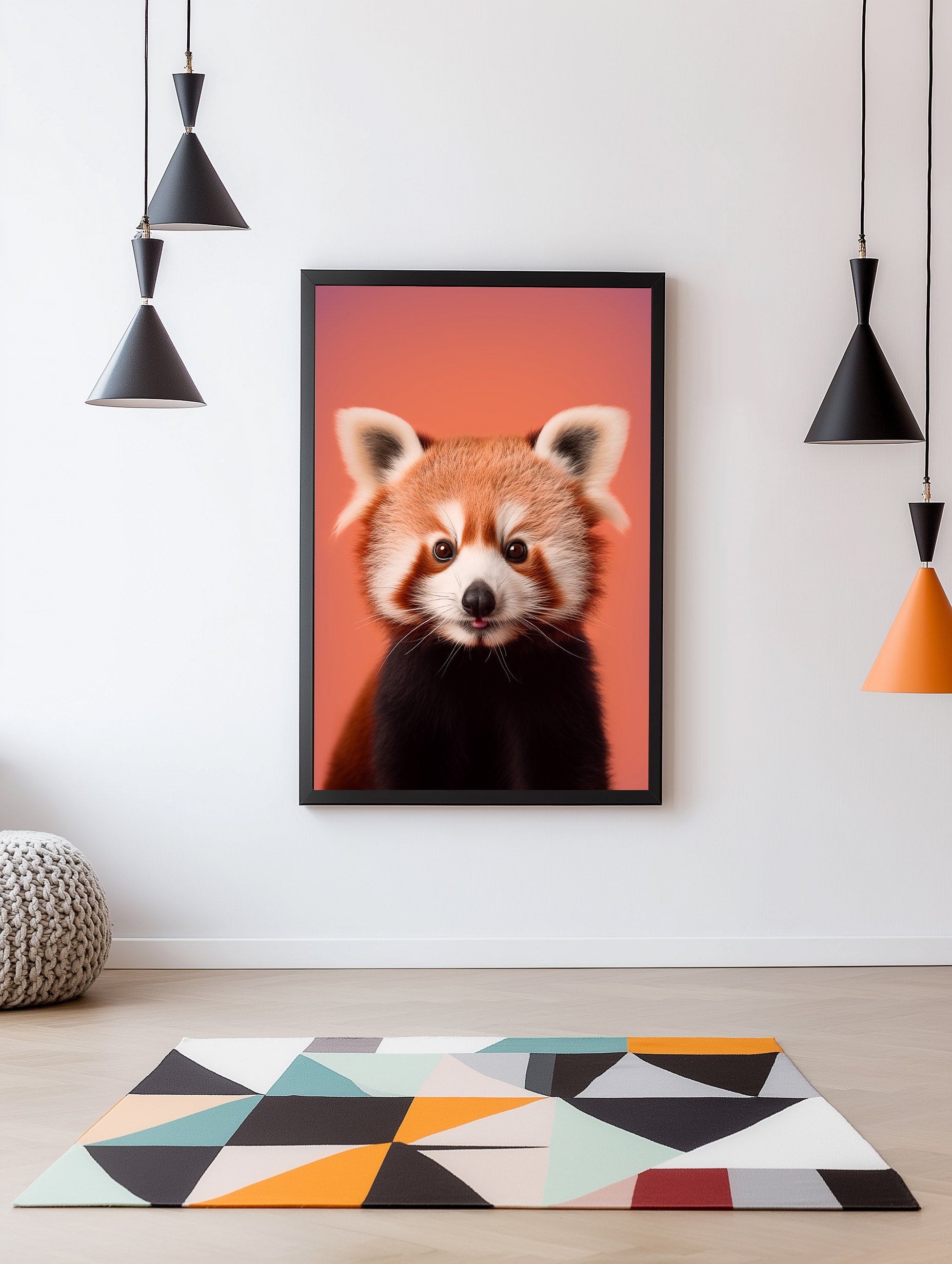 red-panda-looking-straight-out-of-the-print-modern-geometric-decor-patterned-rug-angled-lights.jpg