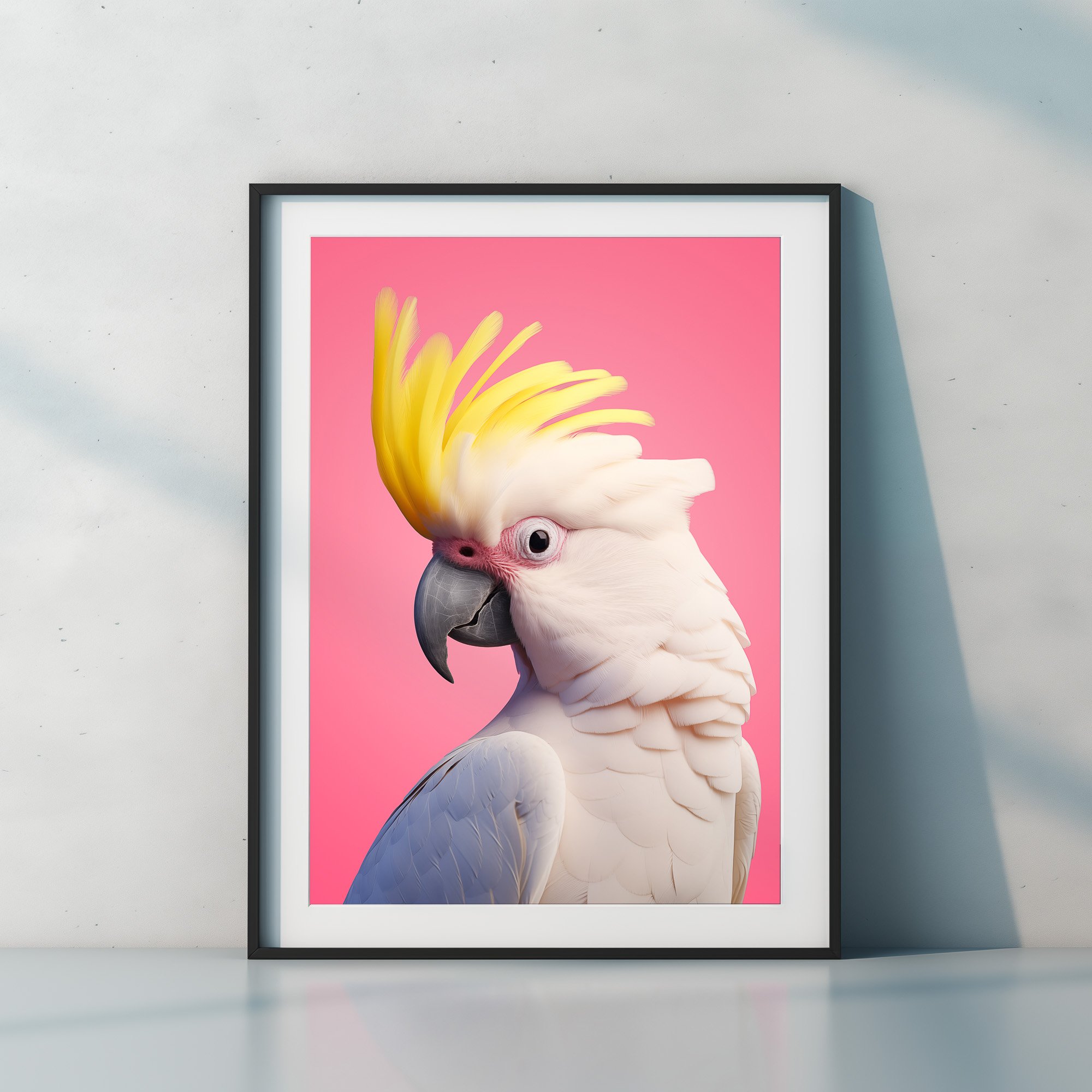 cockatoo-pink-yellow-bird-print-frame-with-shadows-on-wall.jpg