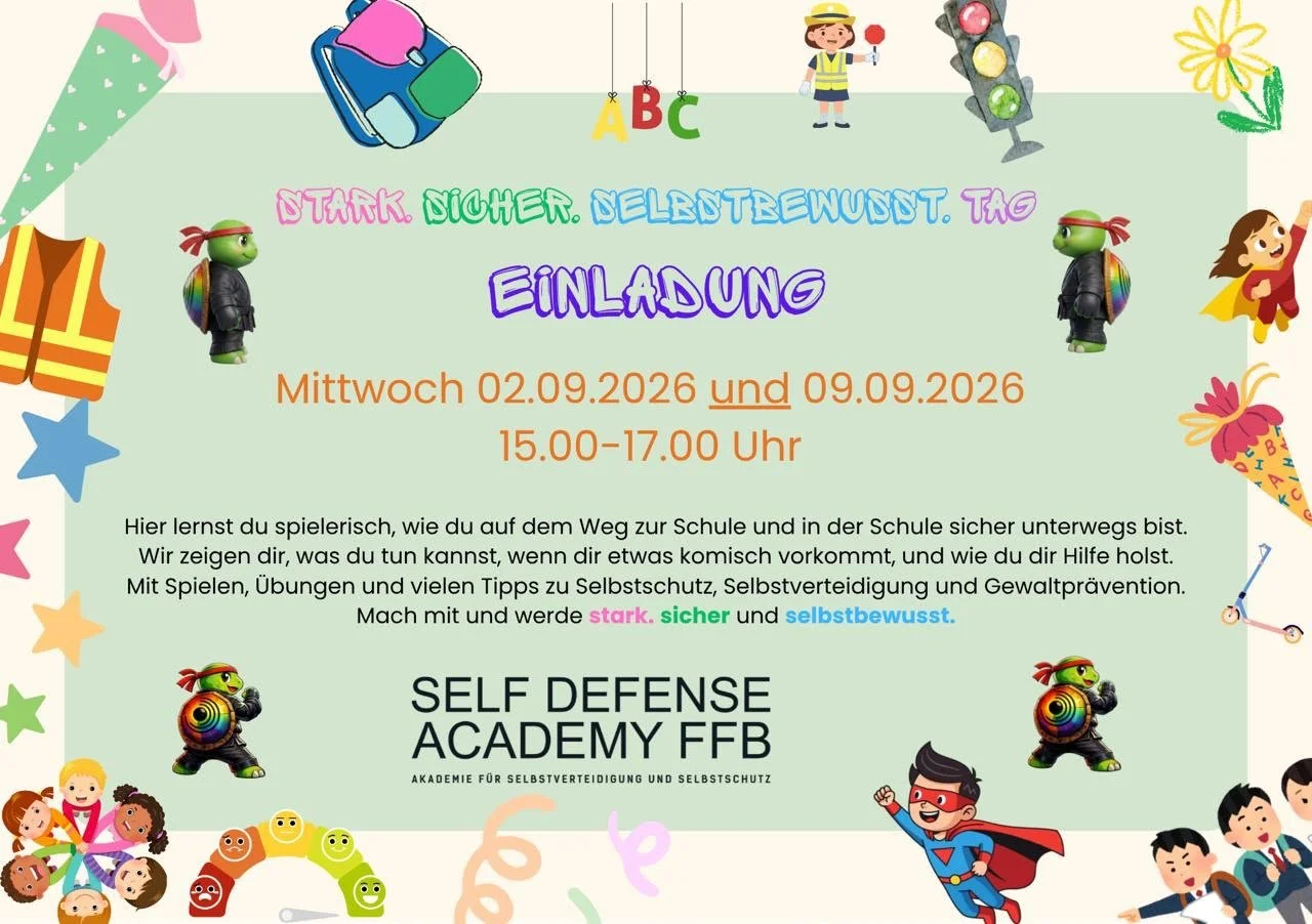 Ein bunt gestalteter Einladung zum Selbstverteidigungskurs für Kinder, mit bunten Zeichnungen von Kindern, Superhelden, Verkehrssignalen, Blumen, Tieren und Spielzeug, sowie Datum und Uhrzeit des Kurses.