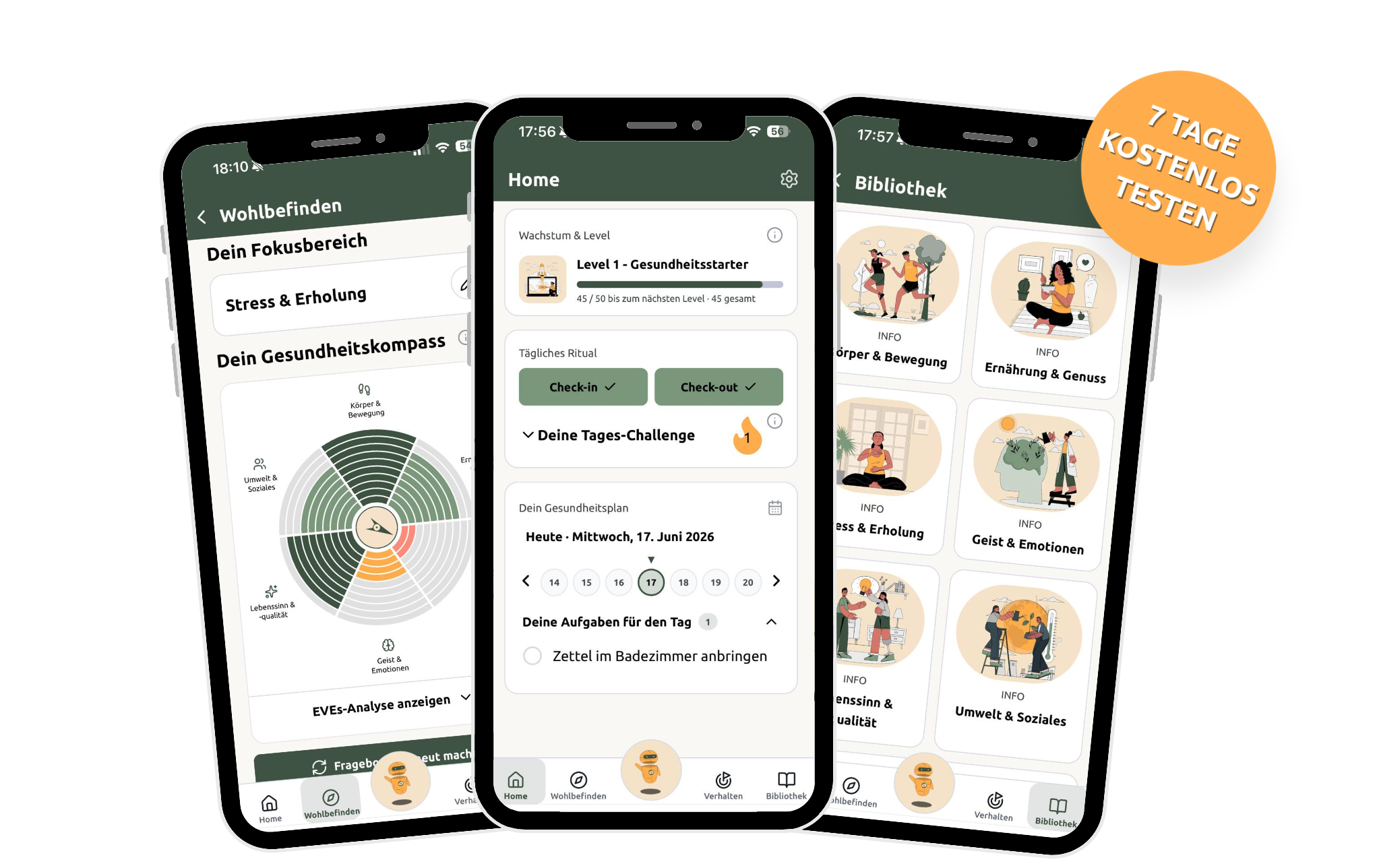 Hier werden drei Screenshots der PREVERY-App gezeigt mit dem zusätzlichen Hinweis, dass die App 7 Tage kostenlos getestet werden kann.