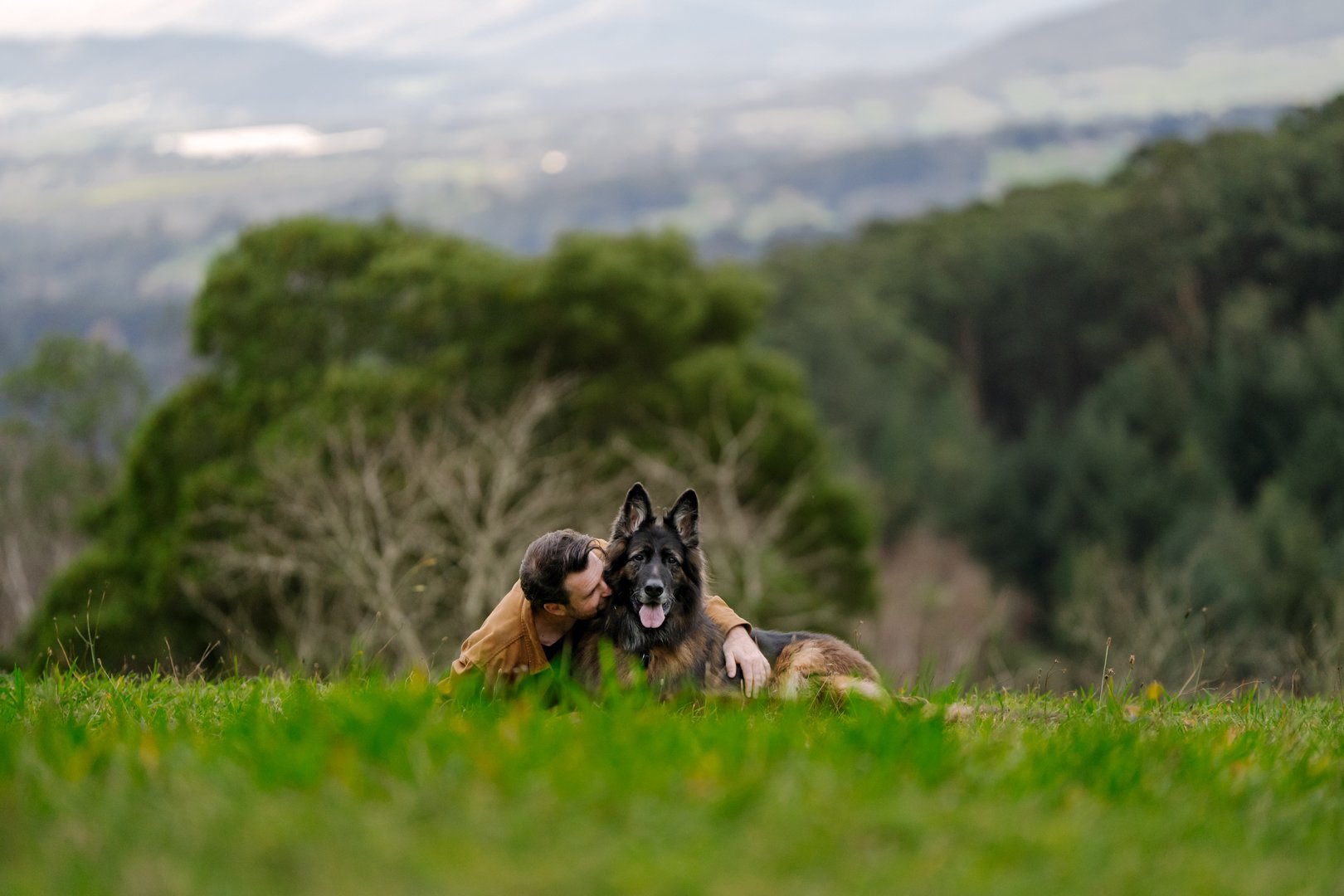 Joel lying in the grass with his German Shepherd Archie, valley view behind them at R.J. Hamer Arboretum, Olinda