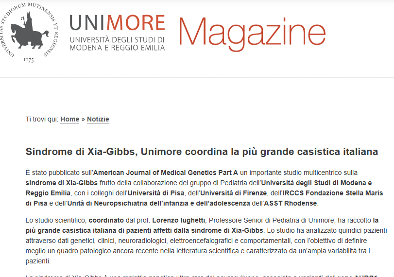 Pubblicato il più ampio studio italiano sulla sindrome di Xia-Gibbs