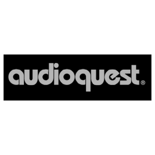 Audioquest Logo in grauem Text auf schwarzem Hintergrund