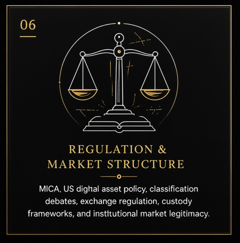 A graphic of a balanced scale with a circular background, with text that reads "Regulation & Market Structure" and a description of U.S. digital asset policy, classification debates, exchange regulation, custody frameworks, and institutional market legitimacy.