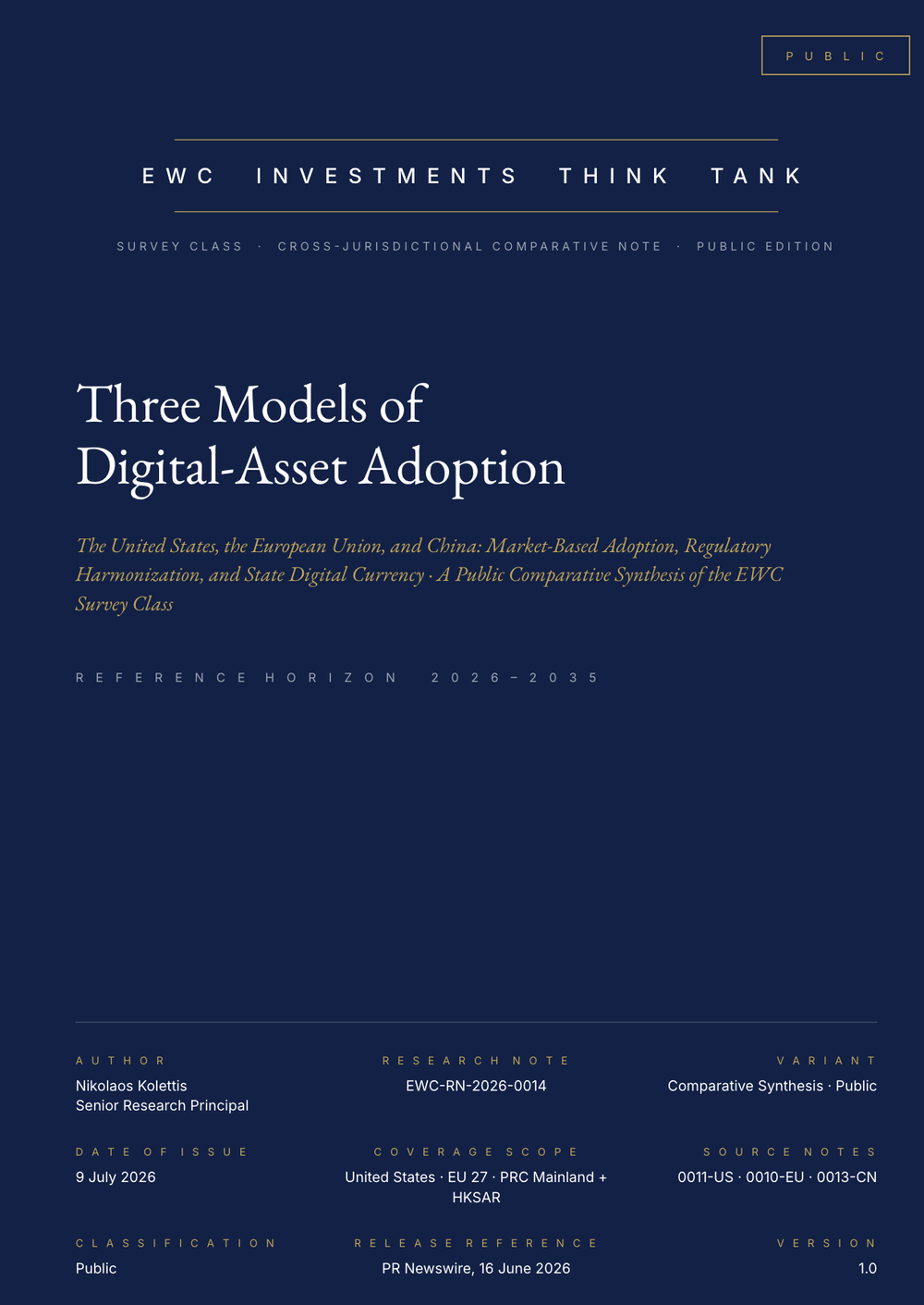 EWC Investments Think Tank research note cover: Three Models of Digital-Asset Adoption