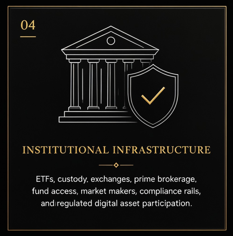 Diagram of a government or institutional building with columns next to a shield with a check mark, labeled 'Institutional Infrastructure' with a list of related financial and digital asset services.