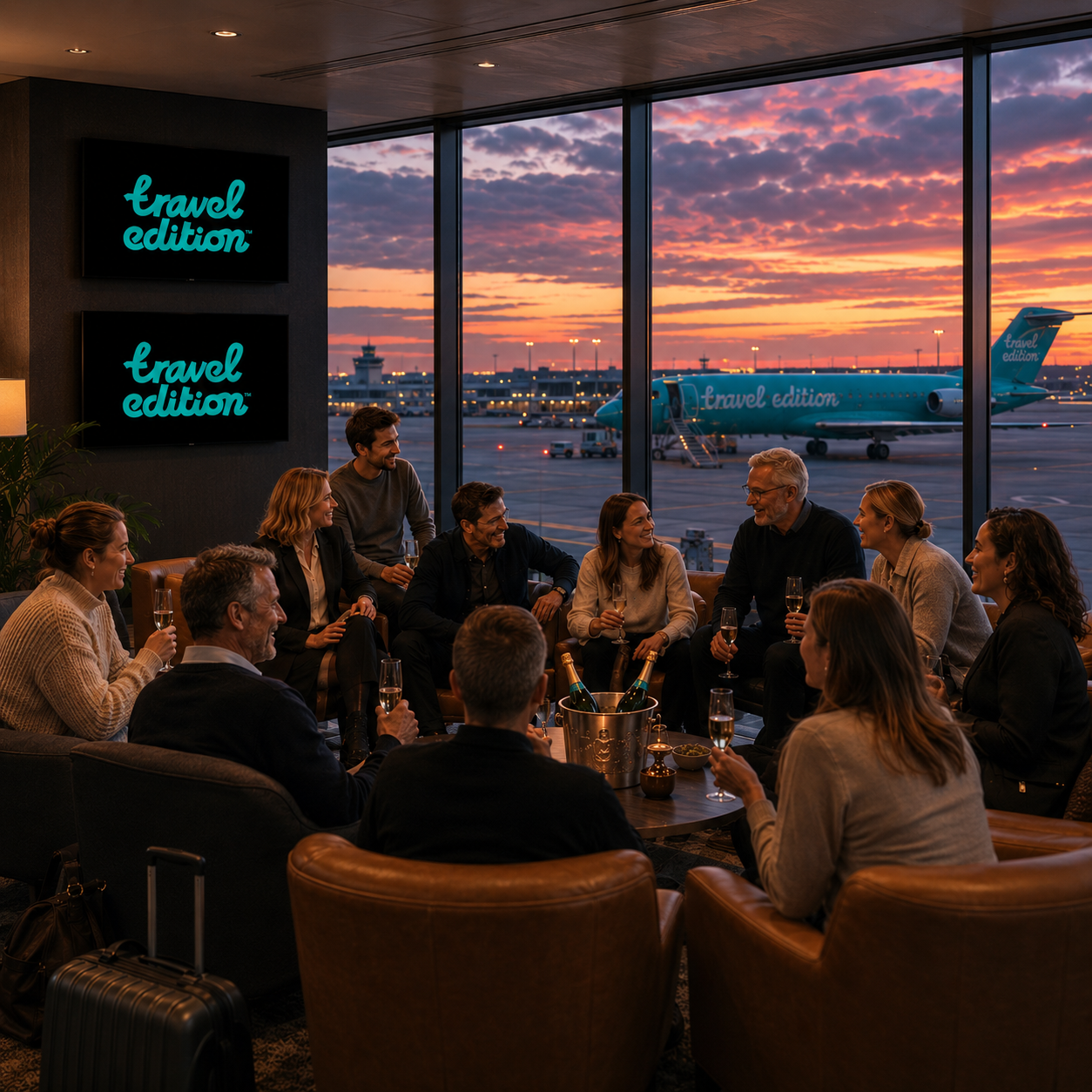 Grupp människor som firar med champagne på ett flygplatsloung, fönster med utsikt över parkerad flygplansflygplan under en vacker solnedgång.