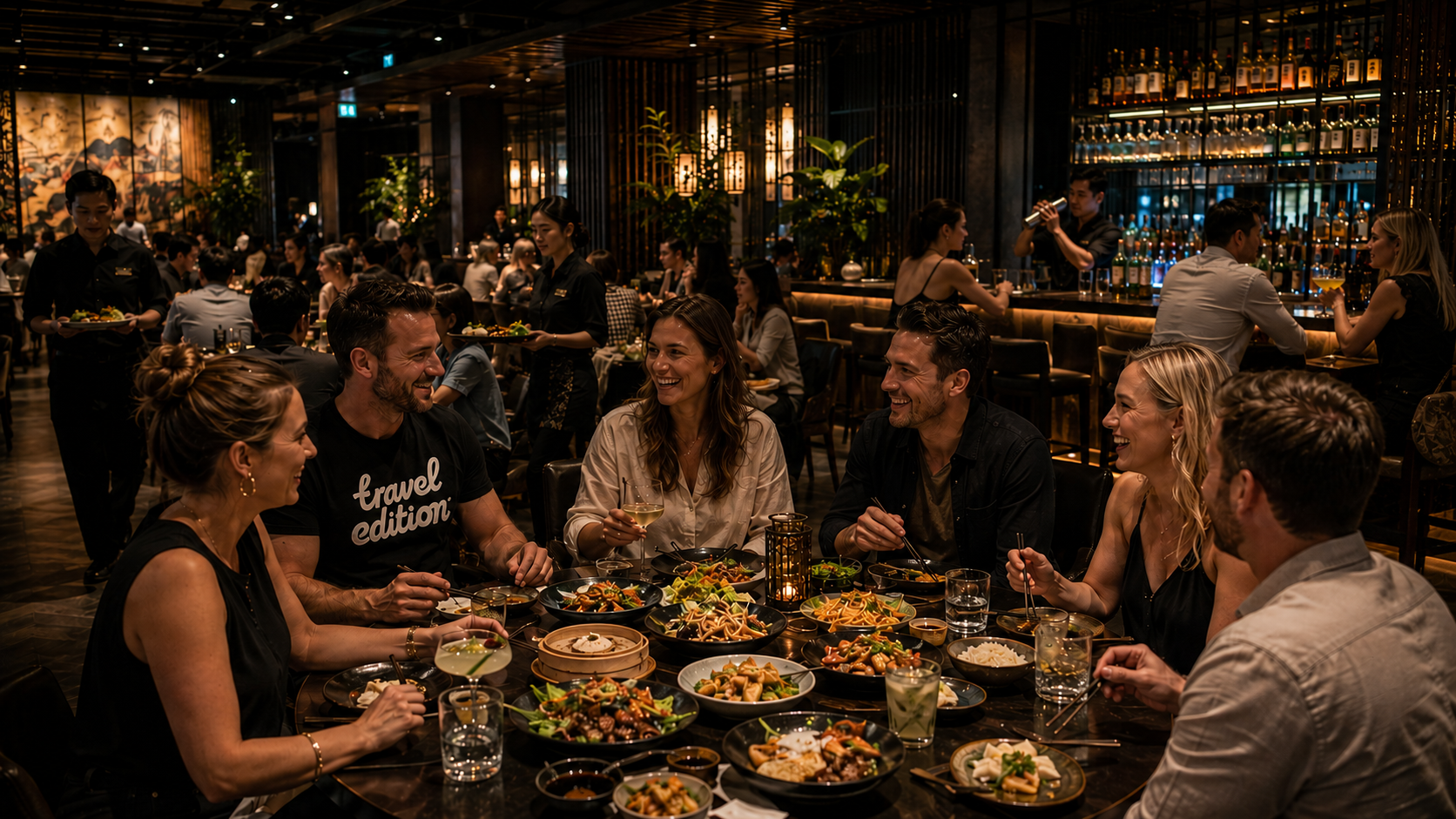 Grupp människor som äter och har roligt på en restaurang, med en meny av olika asiatiska rätter på bordet.