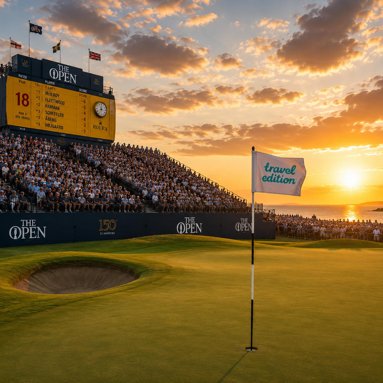 Golfbana med ett hål och flagga vid solnedgången, publikkår, stor skärm med scoreboard för The Open golfturnering, och ett hav i bakgrunden.