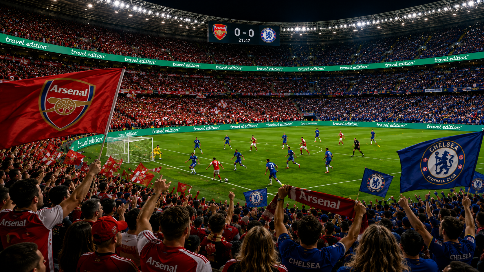 Fotbollsmatch mellan Arsenal och Chelsea på en stor stadion, med fans som håller flaggor och klappar, under en kvällsbombning. Både laghattar och domare är synliga på planen.