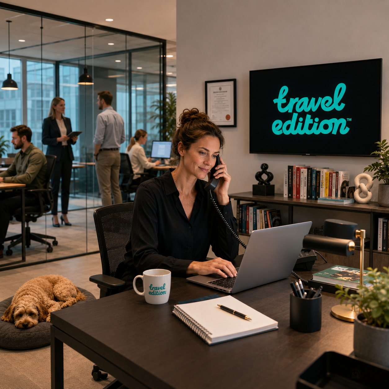 En kvinnlig person pratar i telefon på ett kontor, med en hund sovande på en bädd under bordet, ett skrivblock, penna, och ett mug med texten 'travel edition' på skrivbordet. Bakom henne syns en bokhylla och en väggskärm som säger 'travel edition'.