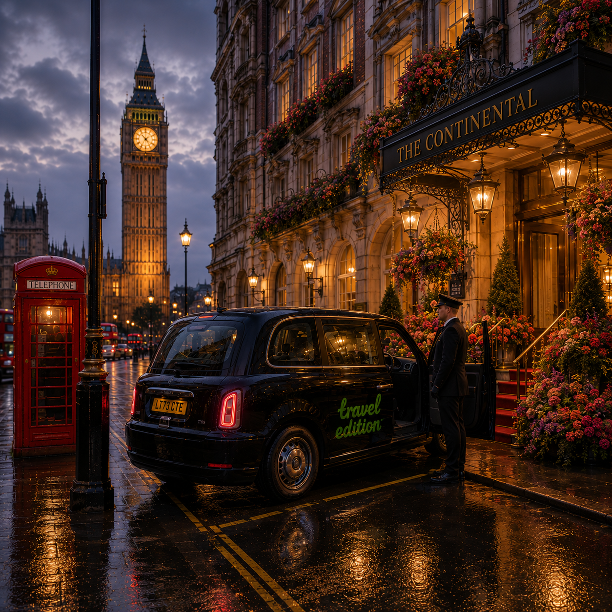 En svart taxi med texten 'travel edition' parkerad framför The Continental-hotell på en regnig kväll, med Big Ben i bakgrunden i London. En portvakt står vid taxin, och det finns en röd telefonskiosk och gatlampor på gatan.
