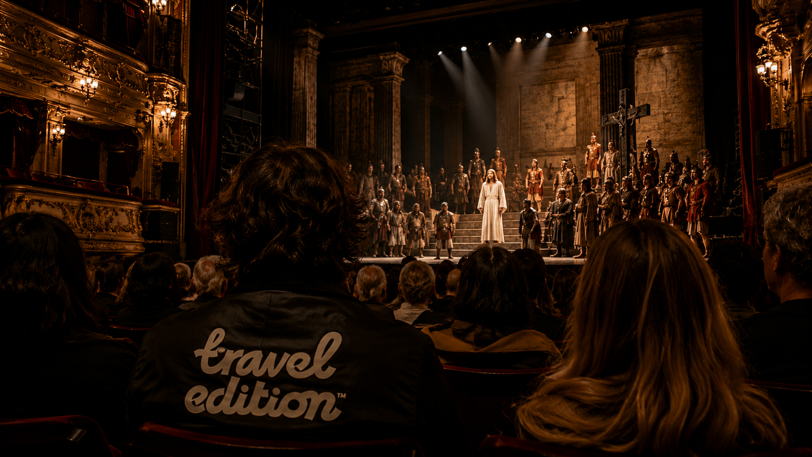 Scen från en teateruppsättning med många skådespelare i historiska kostymer på scenen, en kvinna står i mitten, och publik i förgrunden, med en pampig, klassisk teatersal som bakgrund.
