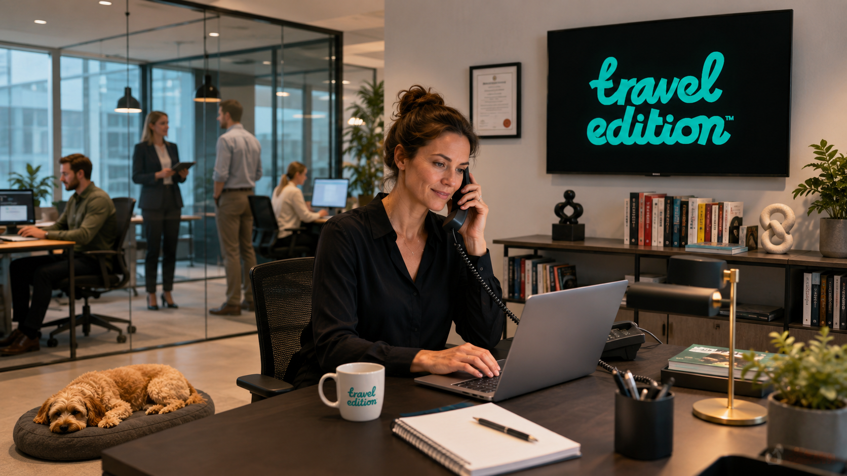 Kvinna som arbetar på kontor, pratar i telefon, har en laptop och en kopp med texten 'travel edition'. En gul labrador ligger på en hundsäng på skrivbordet. I bakgrunden syns flera personer som arbetar vid sina skrivbord och i ett möte, samt bokhyllor, konst och växter.