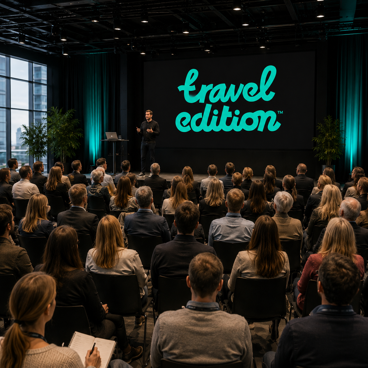 Föreläsare presenterar inför en publik i en konferenssal med stor skärm som visar 'Travel Edition'.