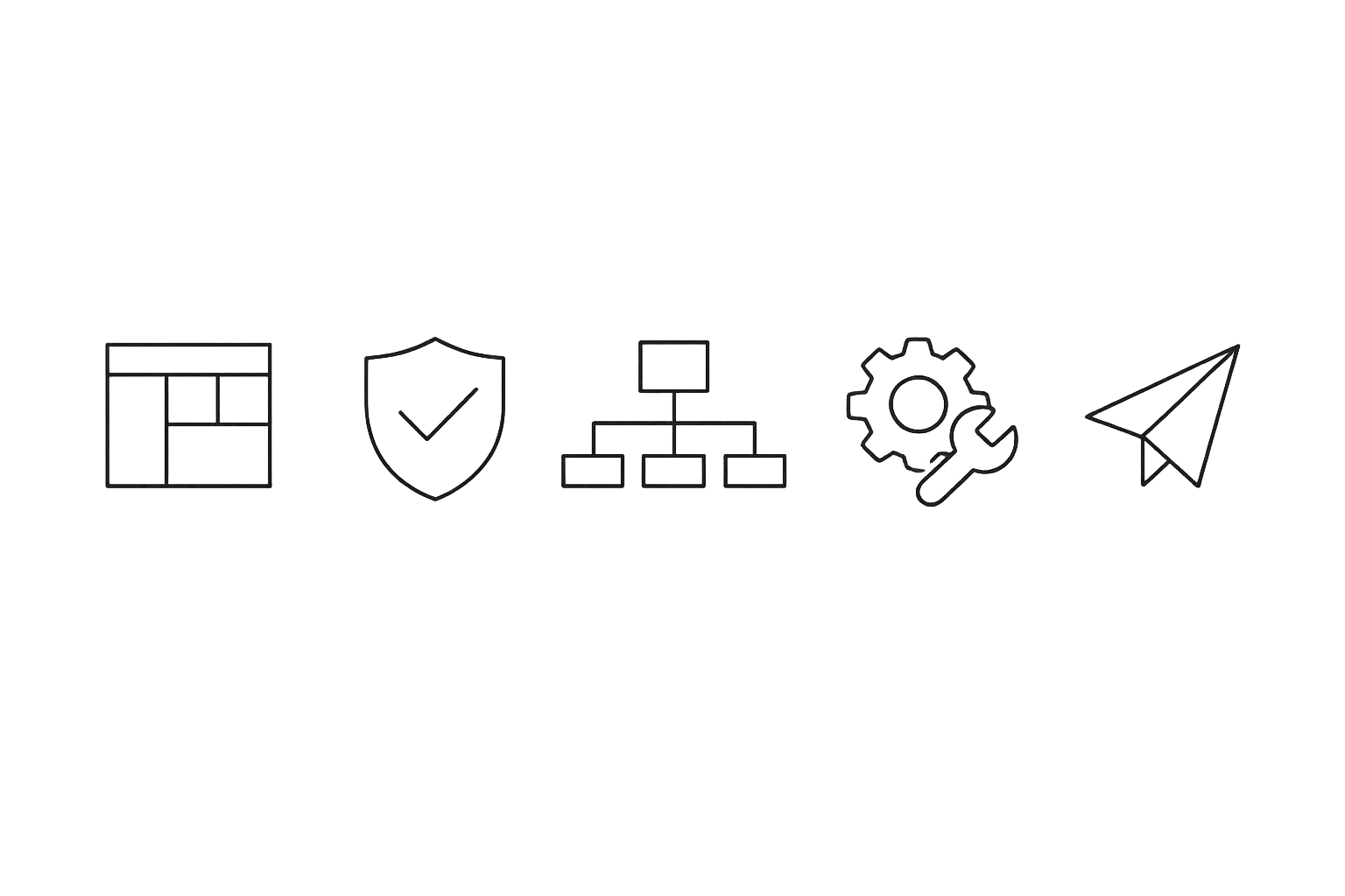 Line art icons representing data management, security, organization, settings, and communication.