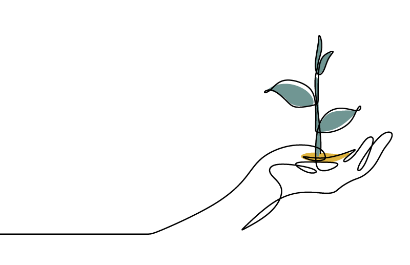 Line drawing of a hand holding a small plant with leaves, emerging from a coin.