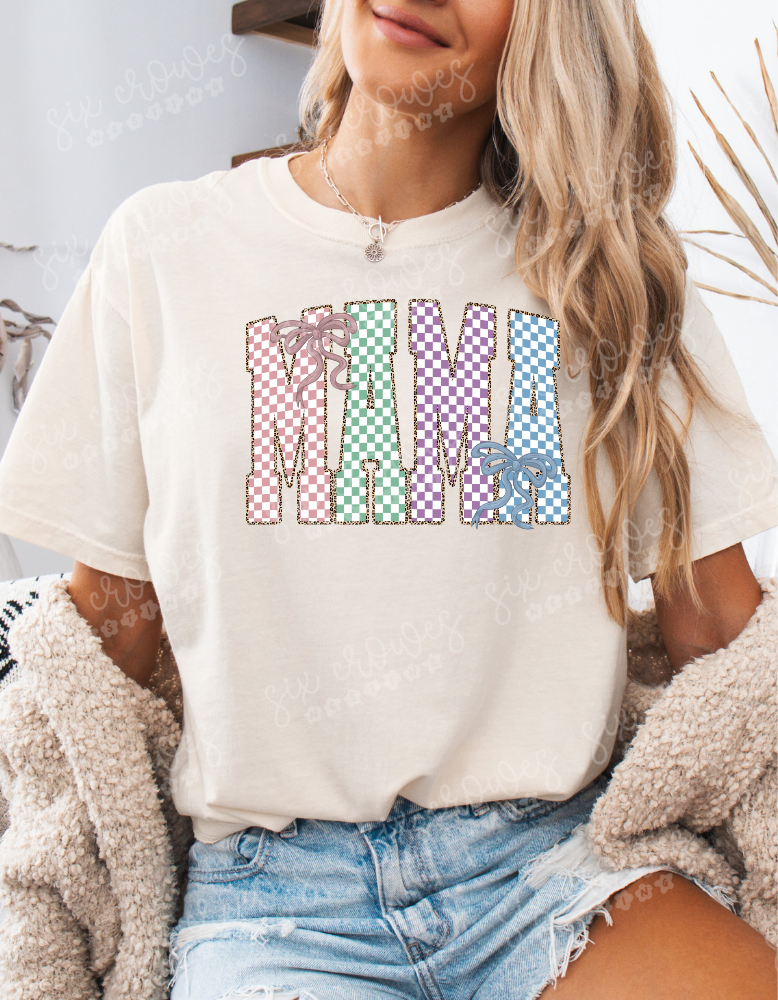 Mama Checkered with Leopard BOWS or NO BOWS T-Shirt