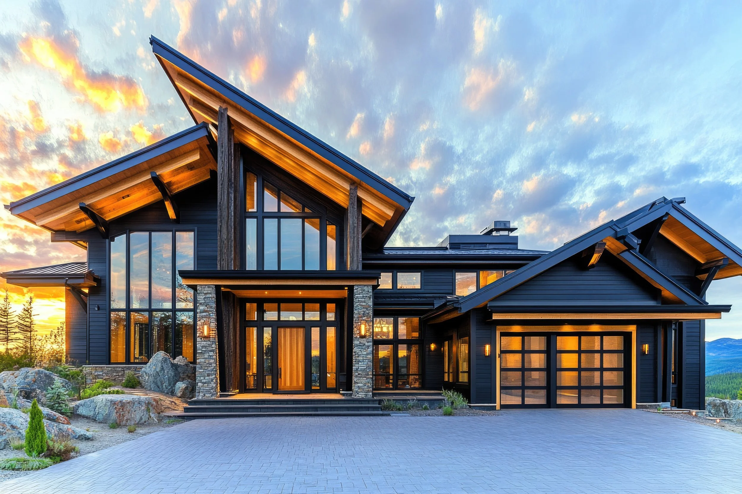 Modern Colorado Springs home with large glass windows and wooden accents at sunset, surrounded by rocks and small greenery.