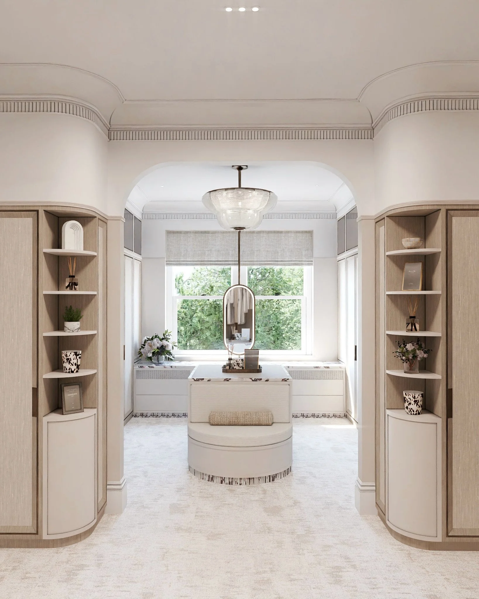 Some rendered images of Her Dressing Room at our Surrey project. A contemporary, organic and effortlessly calming space for our client to get ready to start the day. 

Curved forms which carry through the rest of the full properties principles allow 