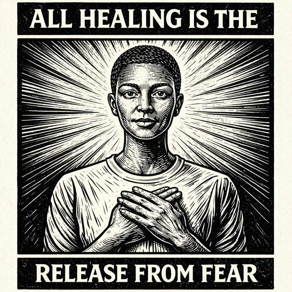 Black-and-white woodcut illustration of a calm, front-facing person holding their hands to their heart, with a radiant background and the phrase “All Healing Is the Release From Fear.”
