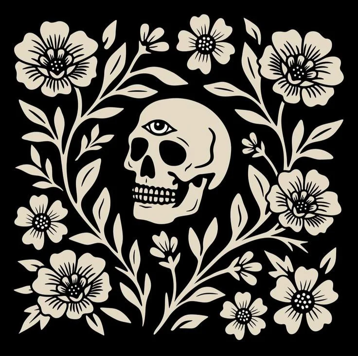 Illustration of a skull with a third eye surrounded by flowers and vines, symbolizing memento mori, ego dissolution,  psilocybin ceremony, psychedelic therapy, and spiritual healing in Brooklyn, New York City