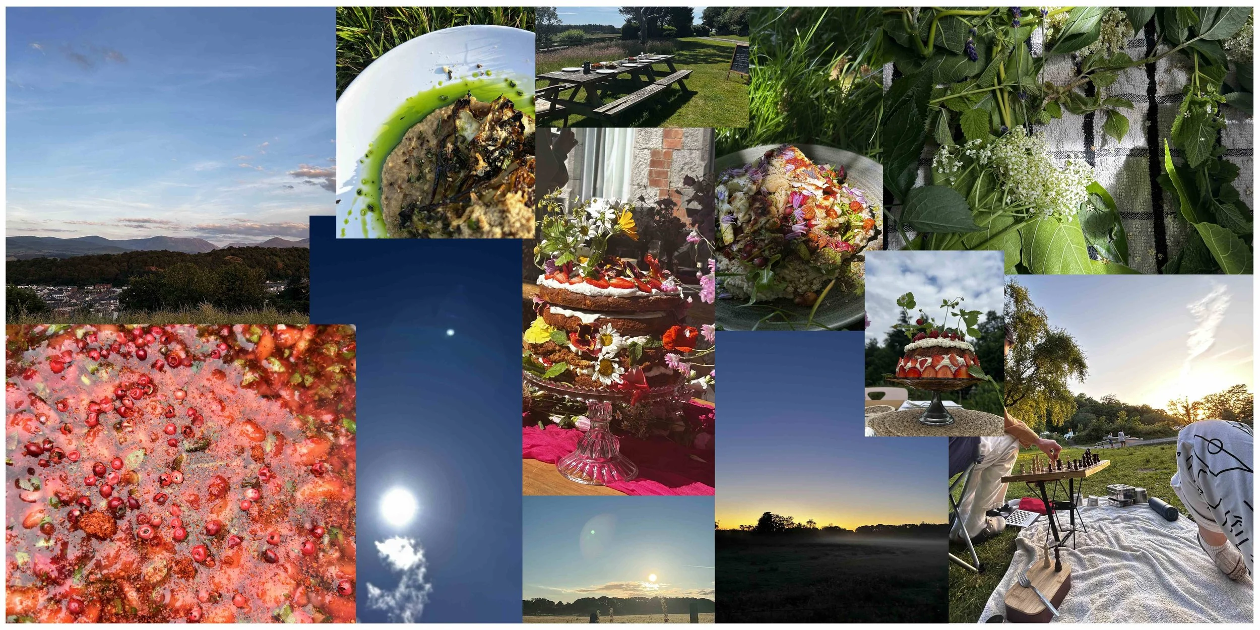 summer camera roll collage including, summer solstice morning sun celerations, pure blue skies, strawberry top pickles, retreat catering outside on picnic benches, wedding celebration cake, sun kissed halloumi salad, outdoor chess evening by the lake