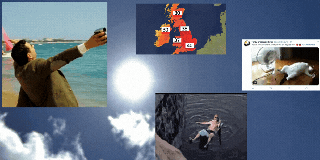 summer gif collage showing full sun blue sky with gift of mr bean in front of the sea, a man on a float in the water on the phone, a cat on its back infront of a fan, and a uk map showing temperatures from 30 - 40C