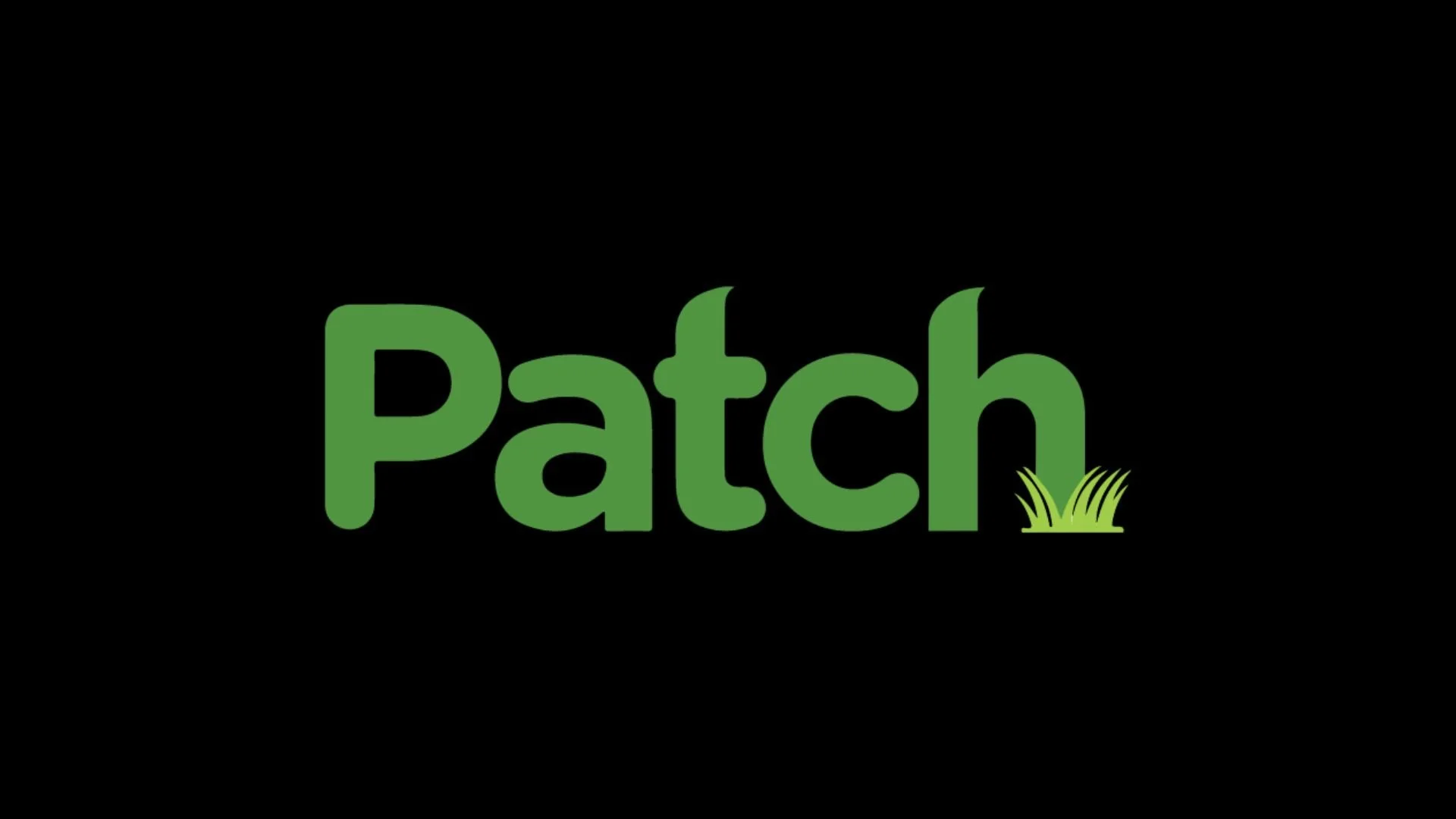 Green word 'Patch' with grass illustration at the end, on a black background.