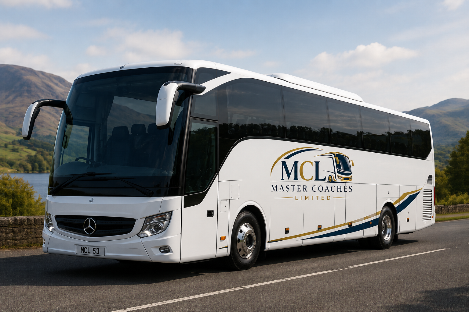 White coach bus with 'Master Coaches Limited' logo parked on the side of a road with mountains and lake in the background.