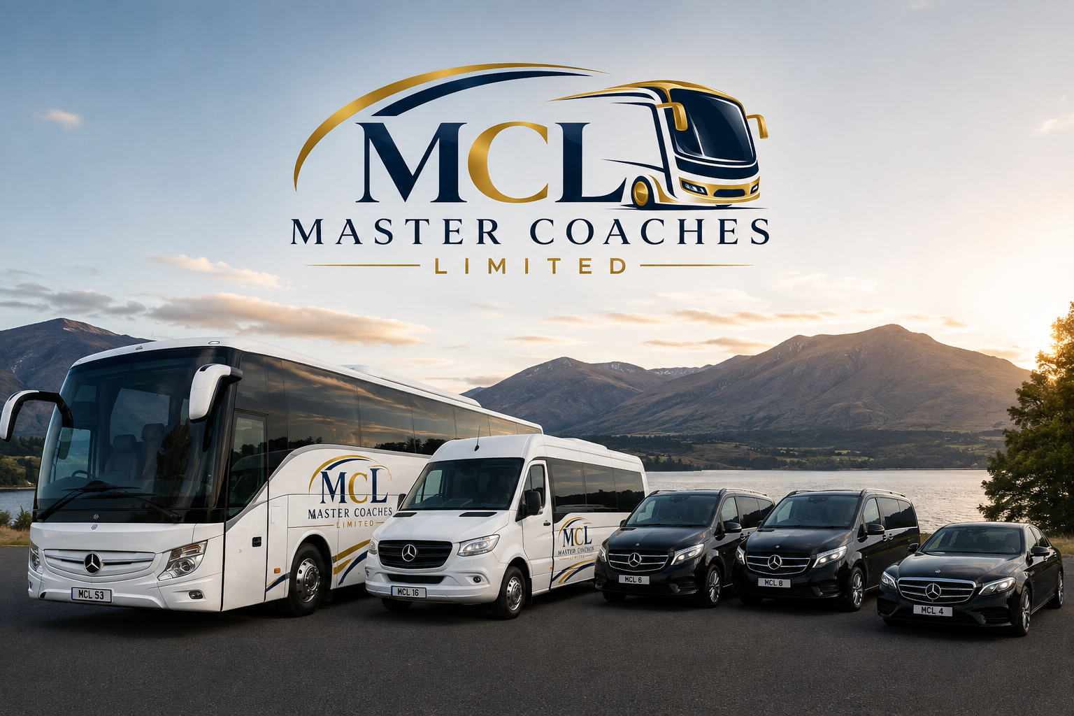 Lineup of five Mercedes-Benz vehicles, including two buses and three vans, branded with MCL Master Coaches Limited logo, parked outdoors with mountains and a lake in the background during sunset.