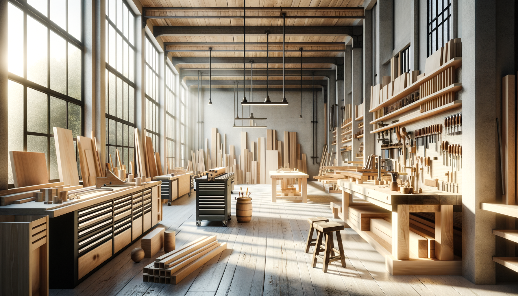 Sunlit woodworking workshop with wooden planks, tools, and workbenches organized along the walls.