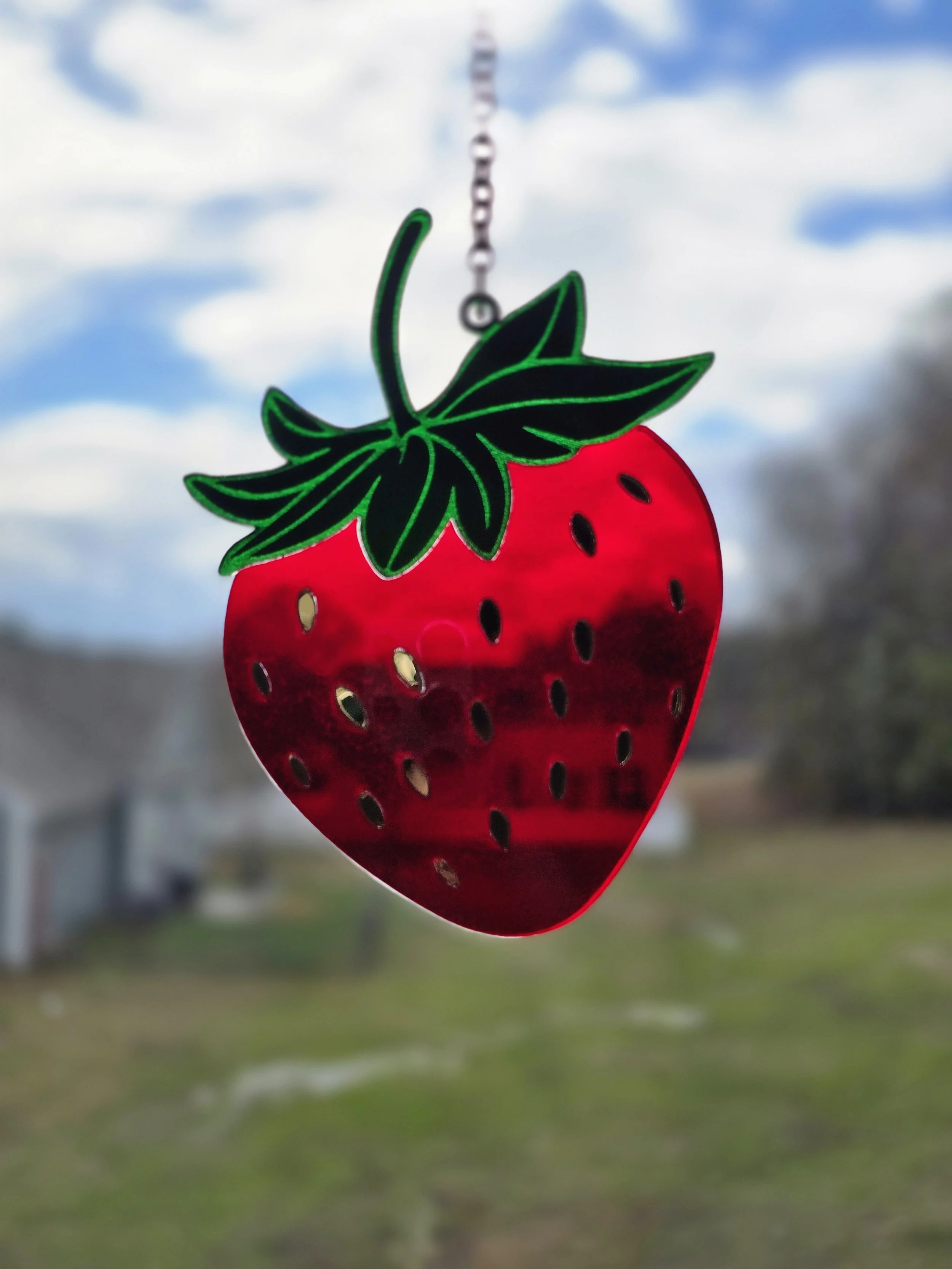 Layered acrylic strawberry suncatcher with green mirror leaf and fold mirror seeds