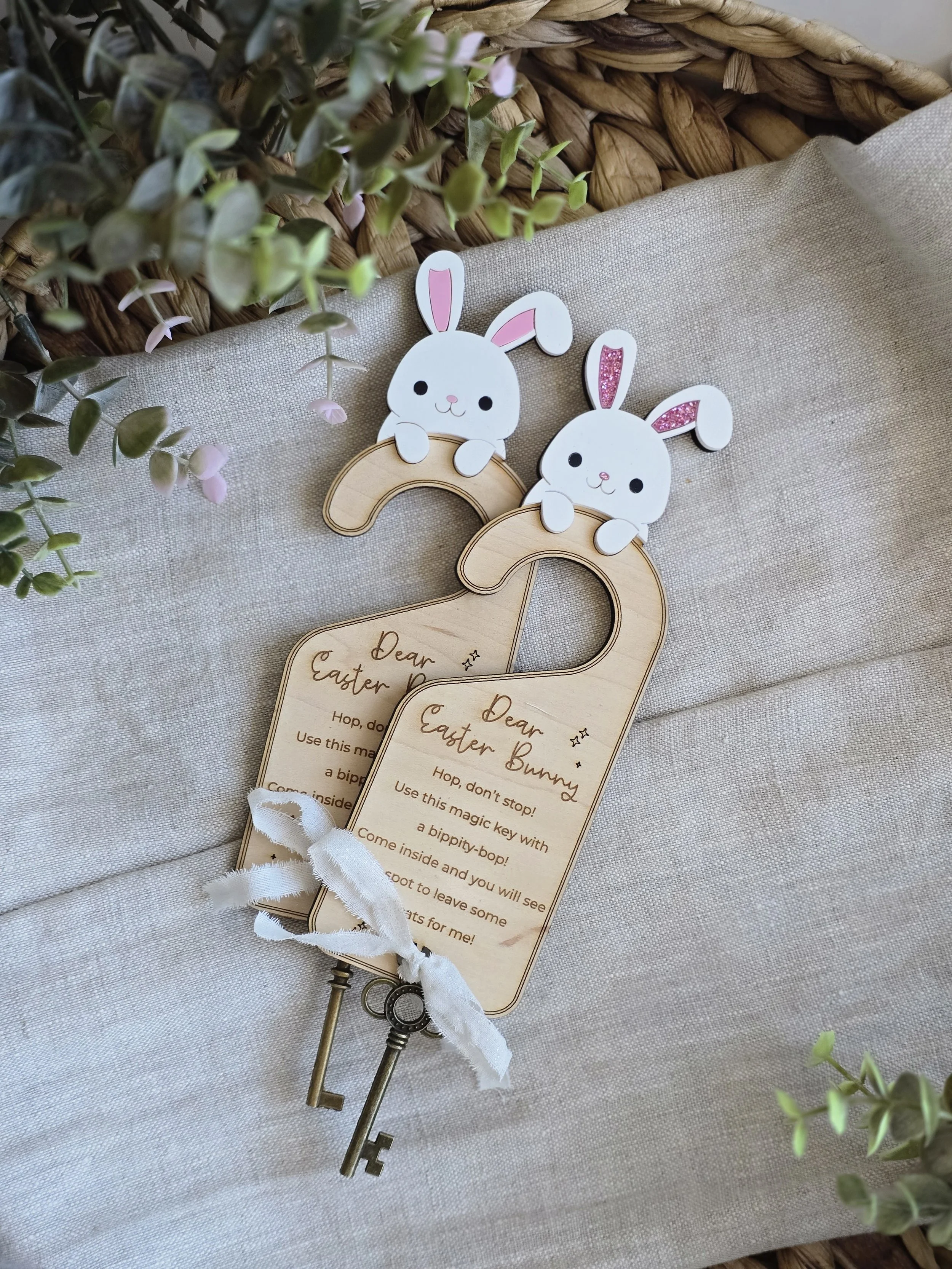 wooden Easter Bunny magic key door hanger by Wild Ridge Workshop