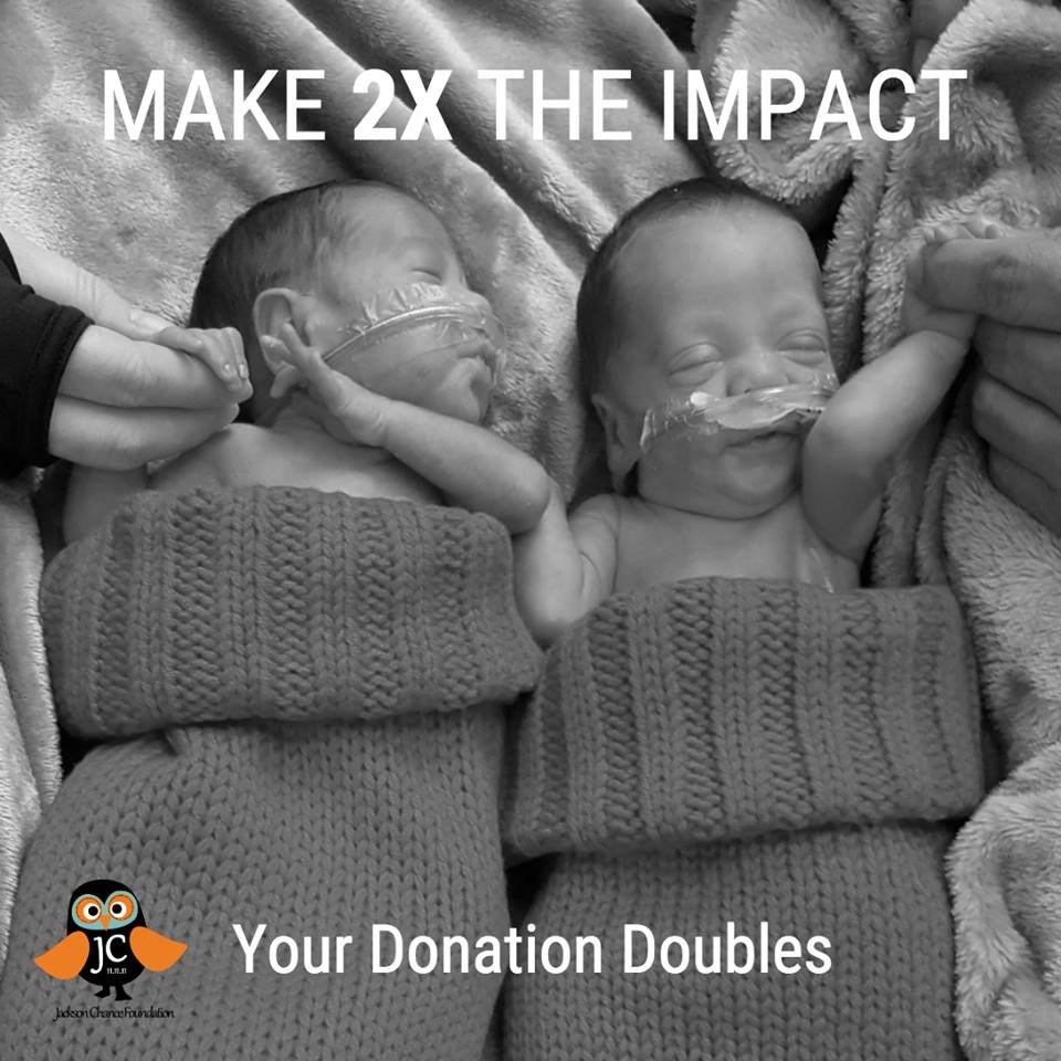 Two premature babies in knitted blankets with oxygen tubes; "Make 2X the Impact. Your Donation Doubles" text, Judson Center Foundation logo.