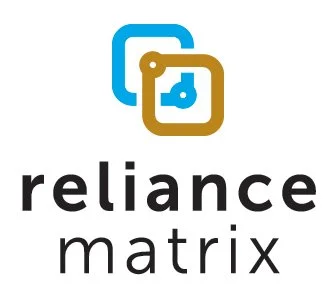Reliance Matrix logo with two interlocked squares in blue and gold, and the words 'reliance matrix' below.