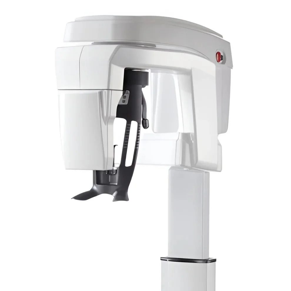 Panoramic dental X-ray machine with a white and gray design, used for capturing images of teeth and jaw.
