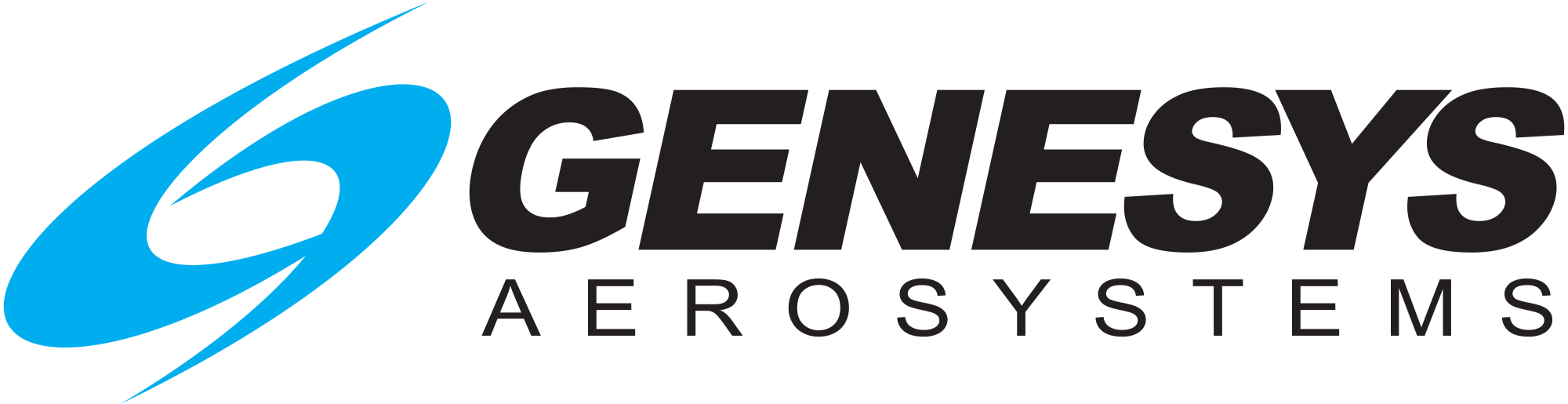 The logo of Genesys Aerosystems with a blue swirling graphic and black text on a white background.