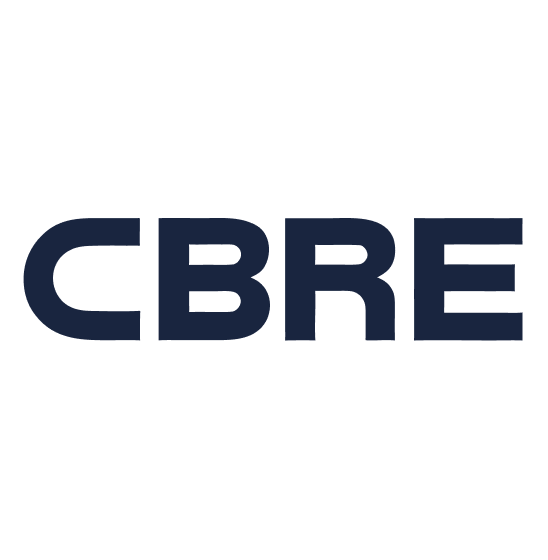 CBRE logo in navy blue against a black background.