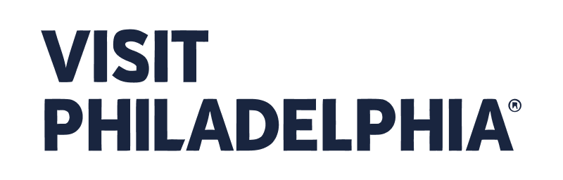 Text that reads 'Visit Philadelphia' in dark blue letters on a white background.