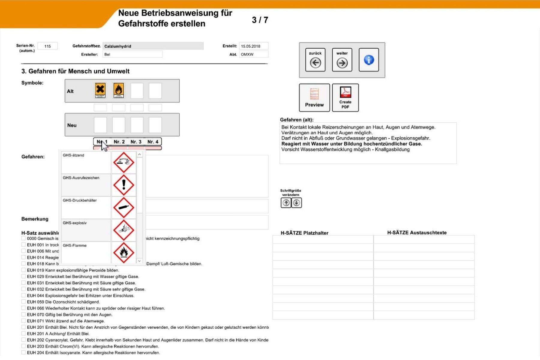 Selection of the possible dangers in the handling of this substance