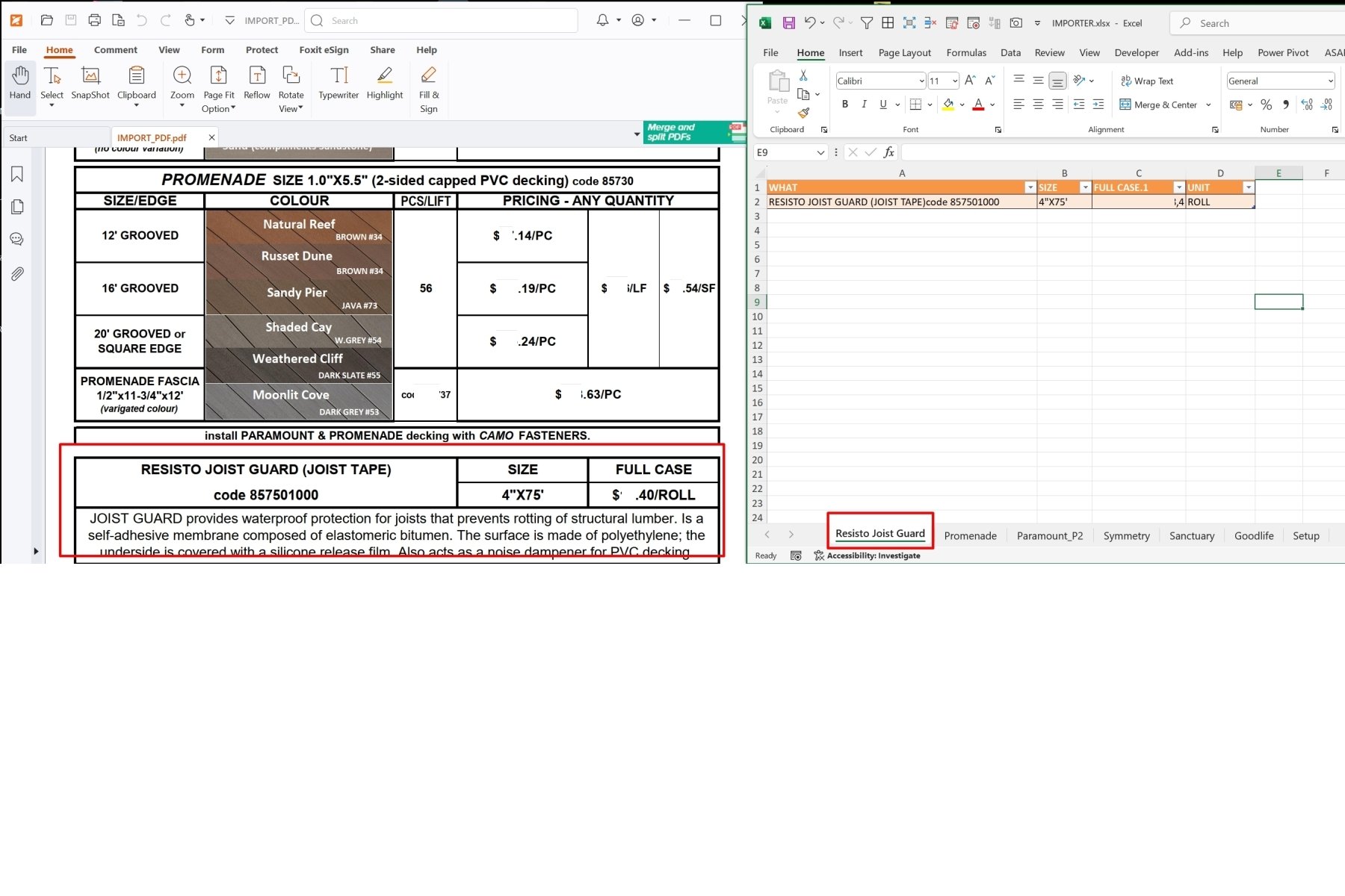 Comparison: Original - Data in Excel