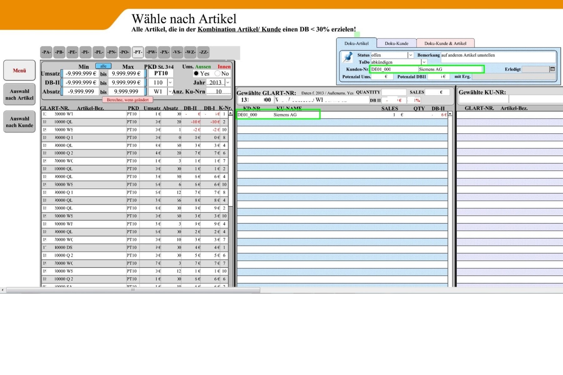 In the top element info can be documented for the article, the customer or the combination of both
This could be transformed into a Todo-list with the potential savings