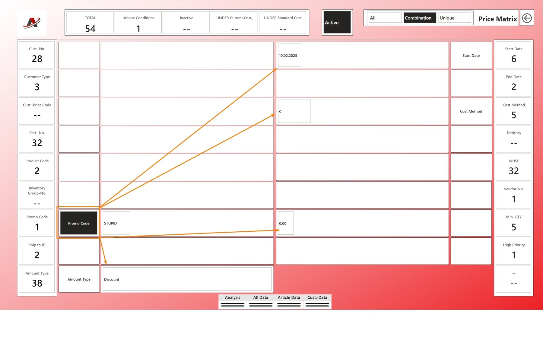 If you click on a value all combinations not fitting to that selection will be omitted.
Sample No. 1