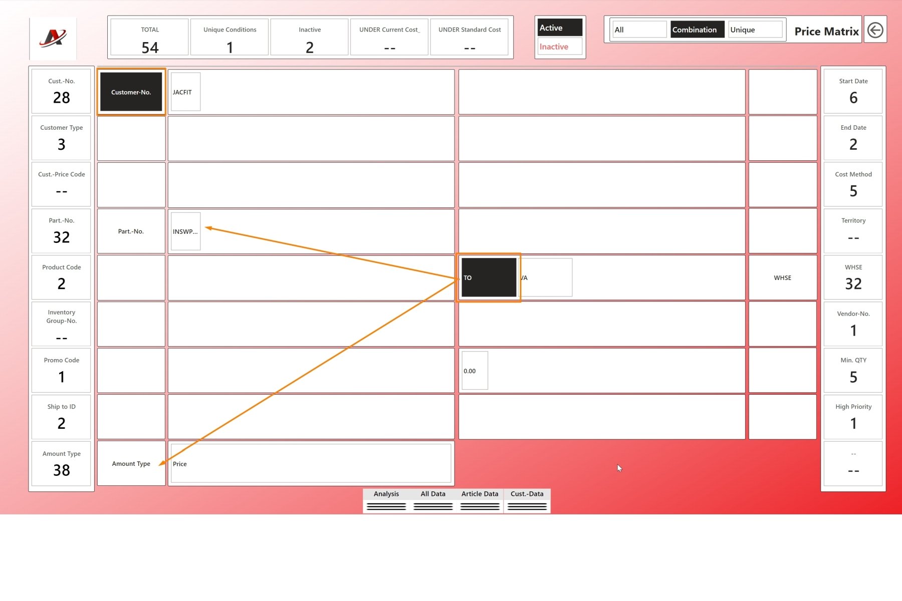 If you click on a value all combinations not fitting to that selection will be omitted.
Sample No. 2
