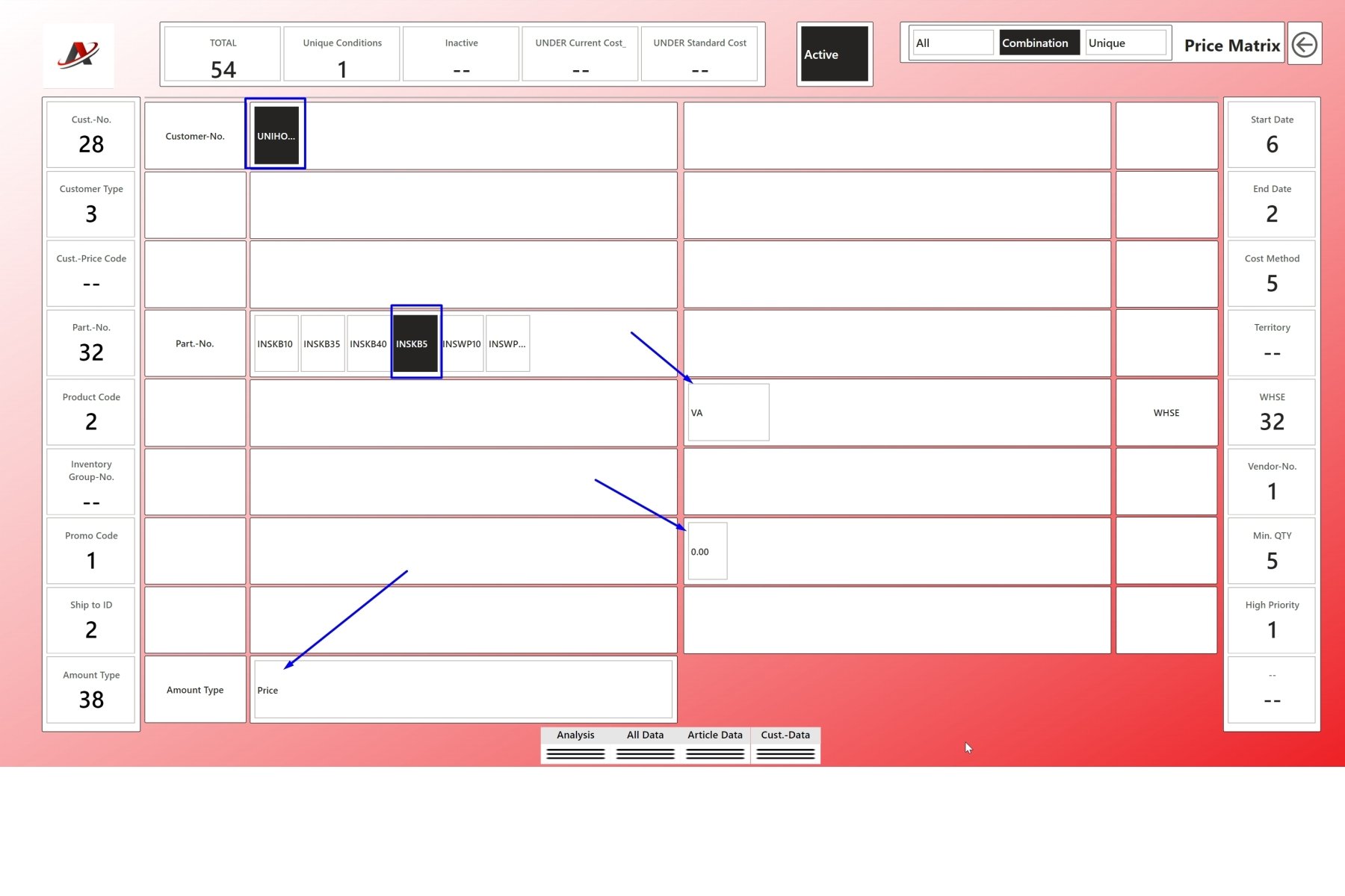 If you click on a value all combinations not fitting to that selection will be omitted.
Sample No. 7