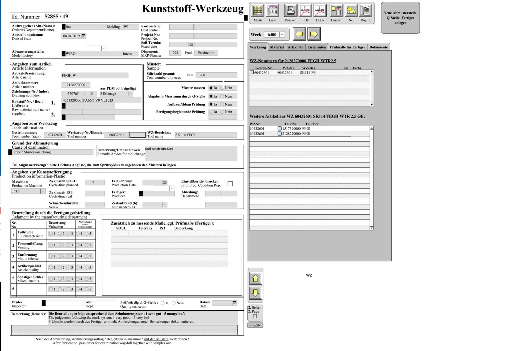 Form for an injection molding tool
In the grey area to the right:
Related articles are shown
Materials and machinery can be searched and selected