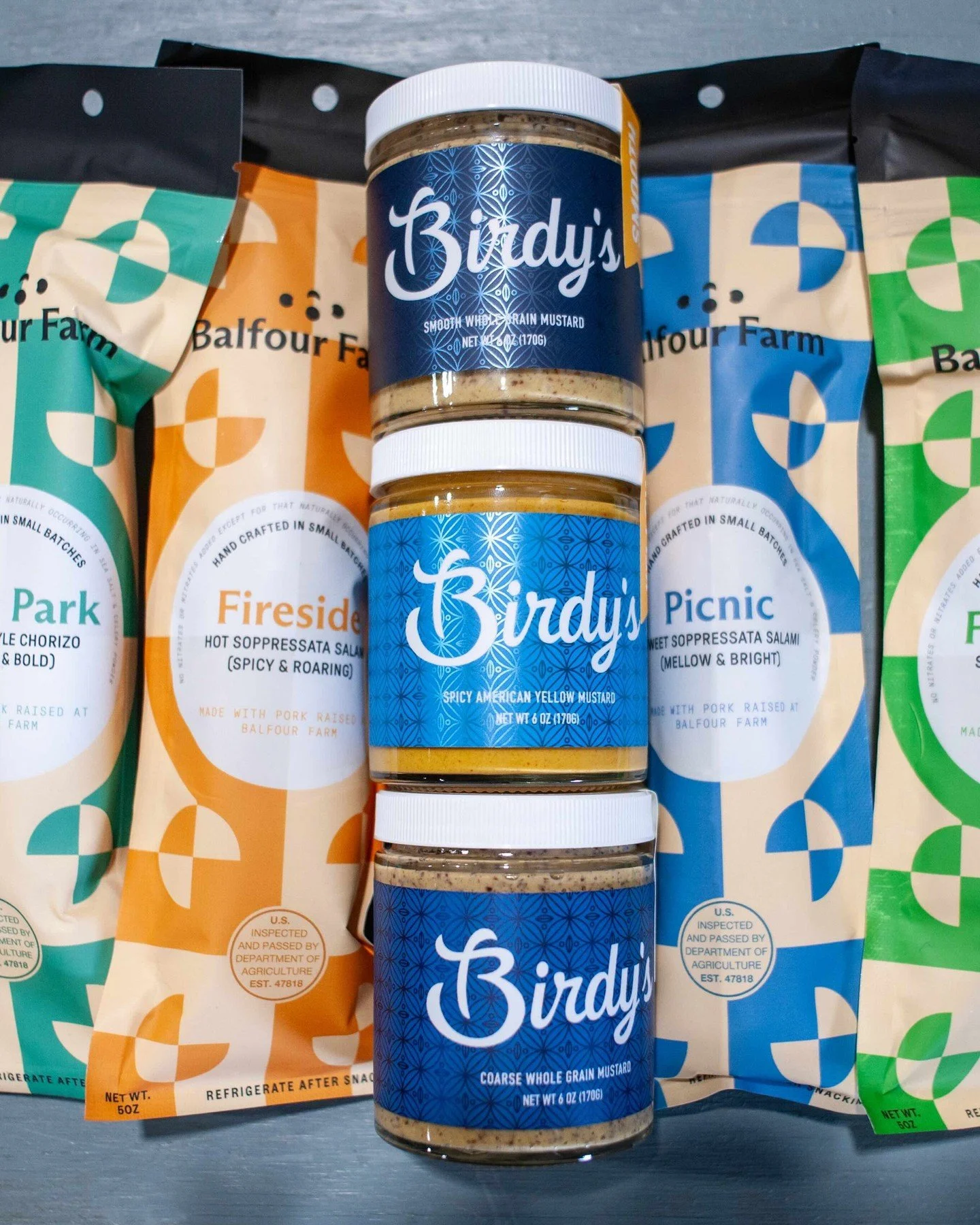 Birdy's and Balfour! Two small-batch gems made to pay homage to their core ingredients. @birdysprovisions comes from 10+ years of research behind the historical uses and production of mustard. @balfourfarm salami comes from a 100 acre, organic, off-g